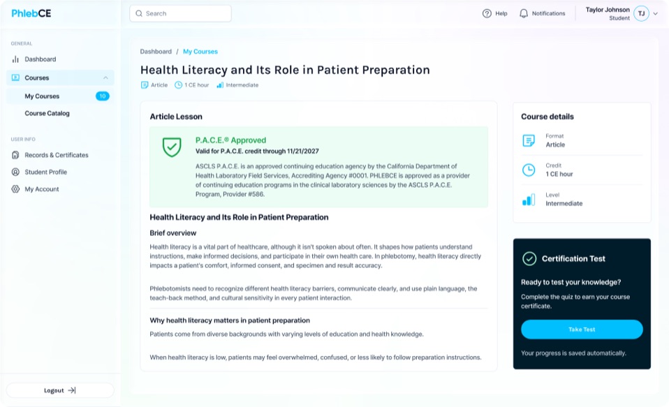 A PhlebCE article lesson with its P.A.C.E. approval, course details and certification test